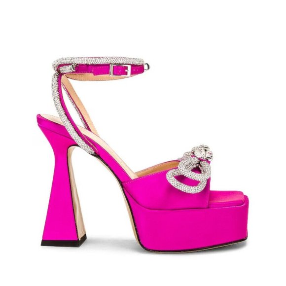 MACH & MACH Double Bow Square Toe Platform Sandals Fuchsia Pink - Picture 2 of 11